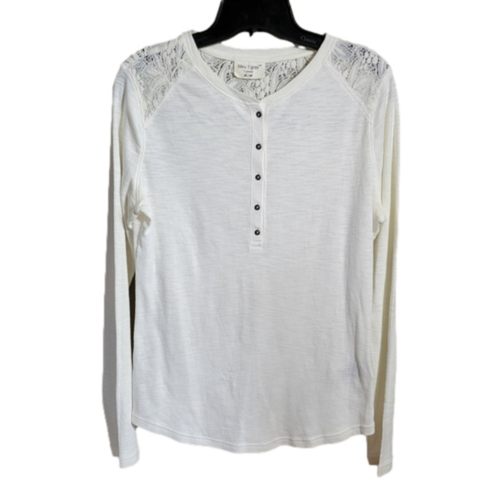 bleu gray off white longsleeve lace detailed Medium 1/2 button down crew neck - Picture 1 of 6